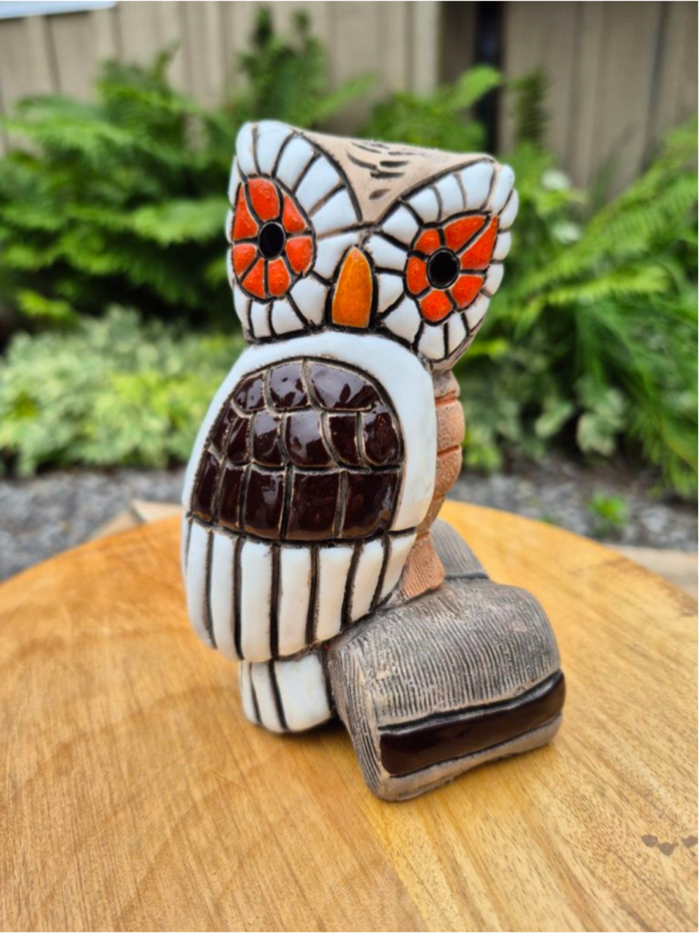 Vintage 1970s Ceramic Owl Bookend Figurine Retro Mosaic Textured Pottery Statue